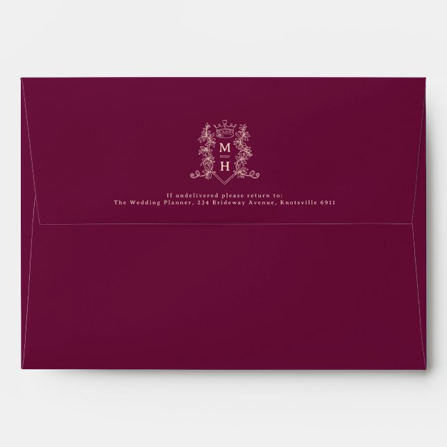 Dark red peach crest heart crown monogram wedding  envelope (Back (Top Flap))