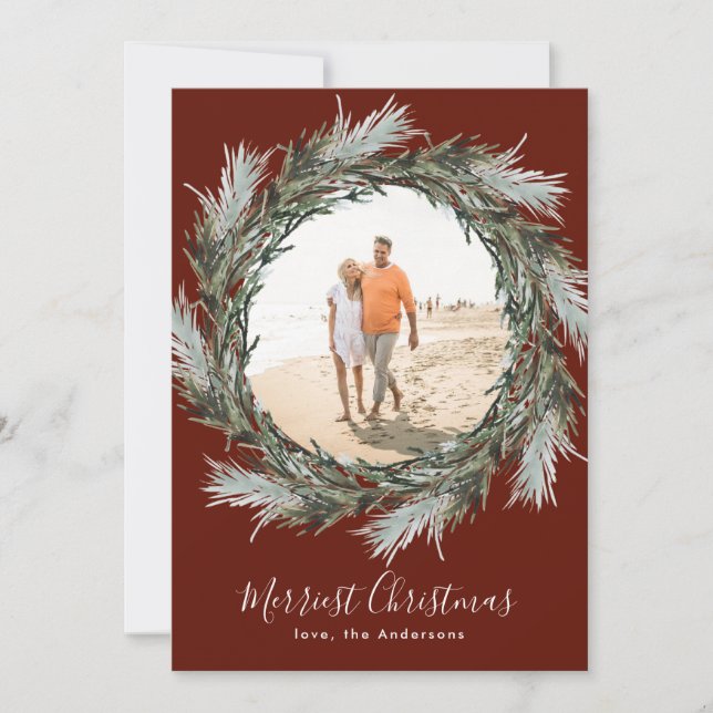 Dark Red Pine Wreath Christmas Holiday Photo Card (Front)