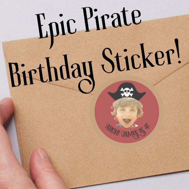 Dark Red Pirate Hat Photo Sticker With Name & Age (Argh mateys! Start your swashbuckling party adventure with these epic Pirate Captain Hat stickers!)