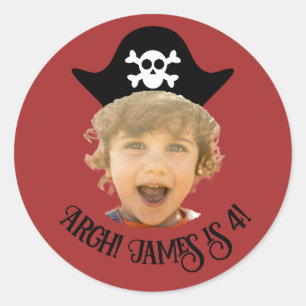 Dark Red Pirate Hat Photo Sticker With Name & Age