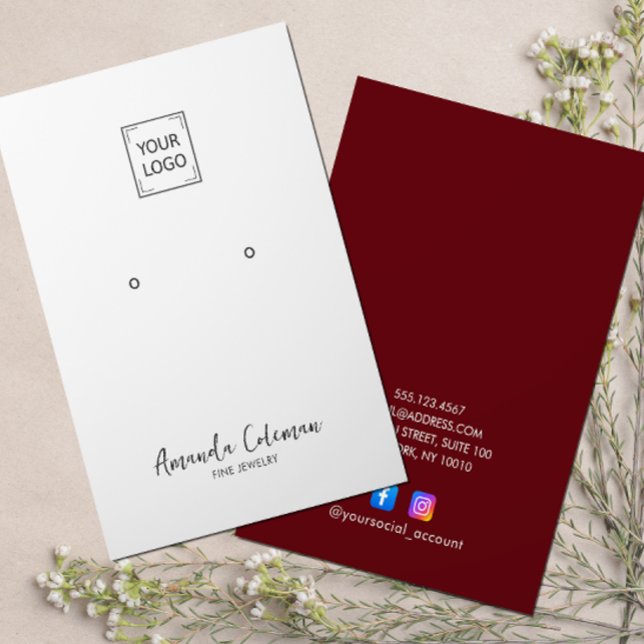 DARK RED PLAIN SIGNATURE EARRING JEWELRY LOGO BUSINESS CARD (Minamal Earring Jewelry display card in with your logo and signature. Instagram and Facebook icons)