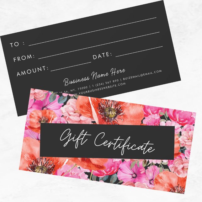 Dark Red Poppy Floral Business Gift Certificate    (Creator Uploaded)