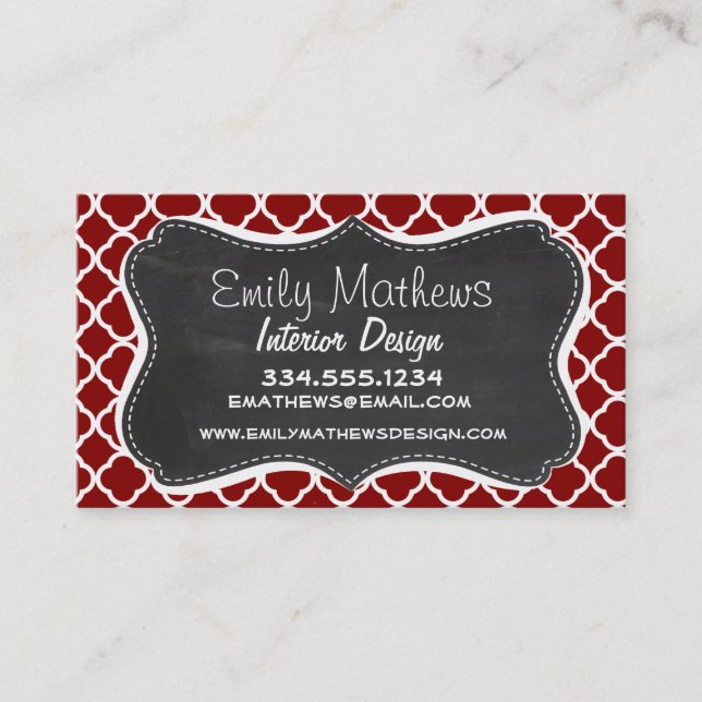 Dark Red Quatrefoil; Vintage Chalkboard look Business Card (Front)