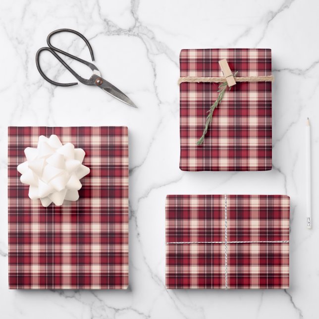 Dark Red, Red & Cream Plaid Wrapping Paper Sheet (Front)