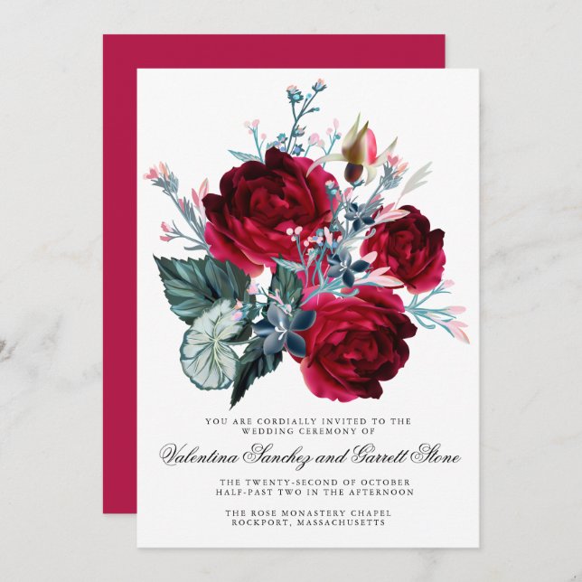 Dark Red Rose Floral Wedding Invitation (Front/Back)