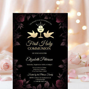 Dark Red Roses Chalice First Holy Communion   Invitation
