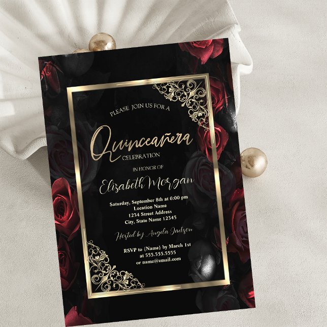 Dark Red Roses Gold Frame Black Quinceañera Invitation (Creator Uploaded)
