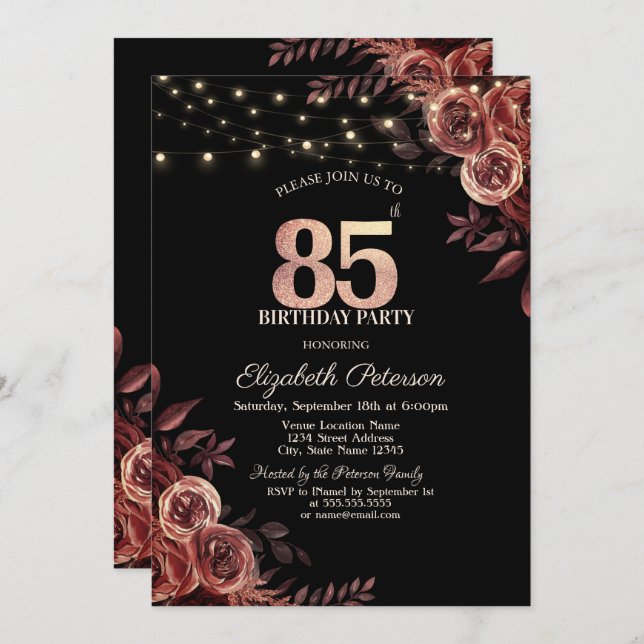 Dark Red Roses,String Lights Black 85th Birthday  Invitation (Front/Back)