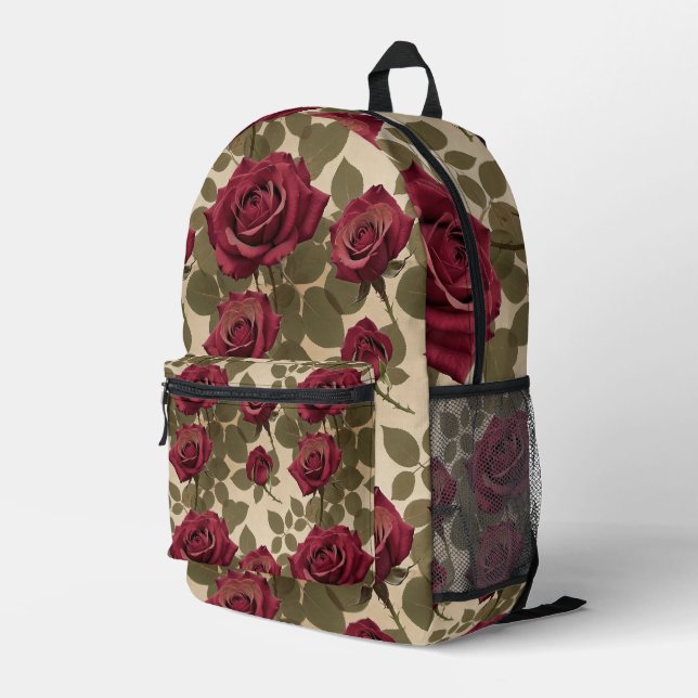 Dark Red Roses With Faded Green Leaves Printed Backpack (Back Corner Right)