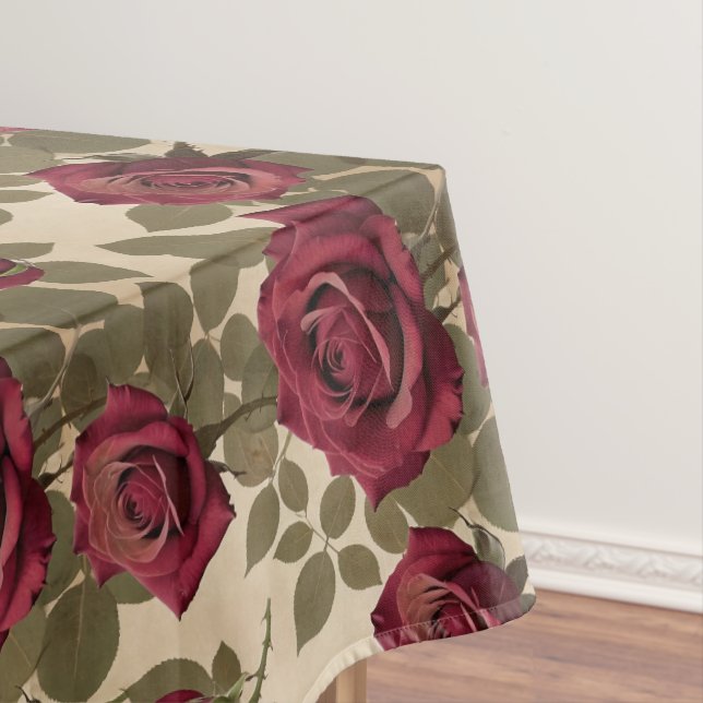 Dark Red Roses With Faded Green Leaves Tablecloth (In Situ)