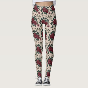 Dark Red Roses With Green Leaves Leggings