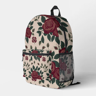 Dark Red Roses With Green Leaves Printed Backpack