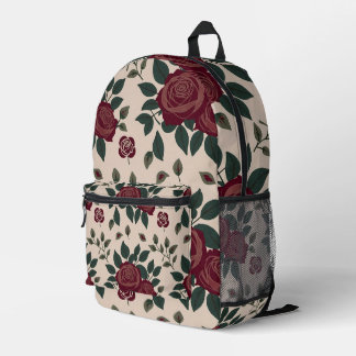 Dark Red Roses With Green Leaves Printed Backpack