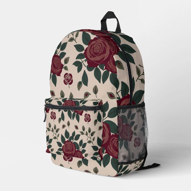 Dark Red Roses With Green Leaves Printed Backpack (Back Corner Right)