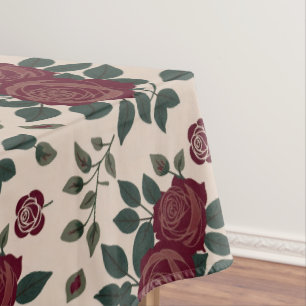 Dark Red Roses With Green Leaves Tablecloth