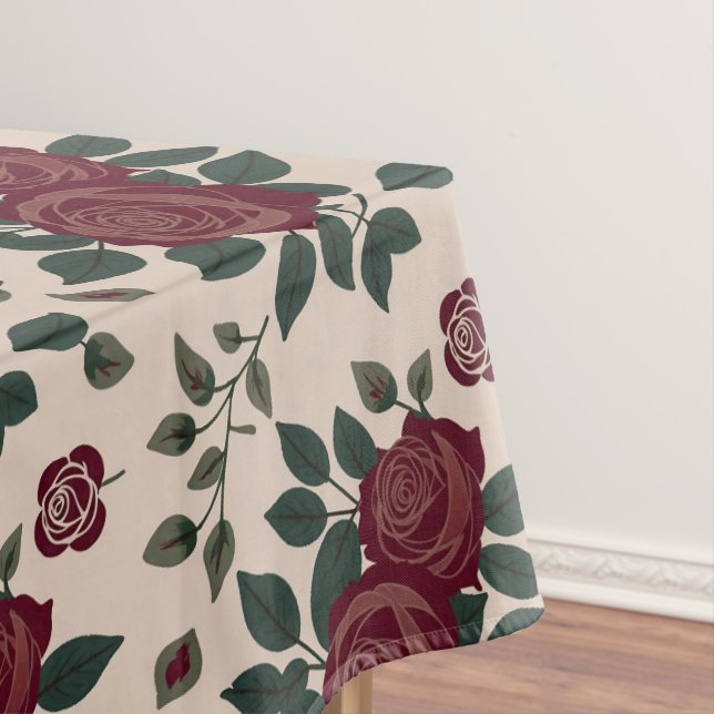 Dark Red Roses With Green Leaves Tablecloth (In Situ)