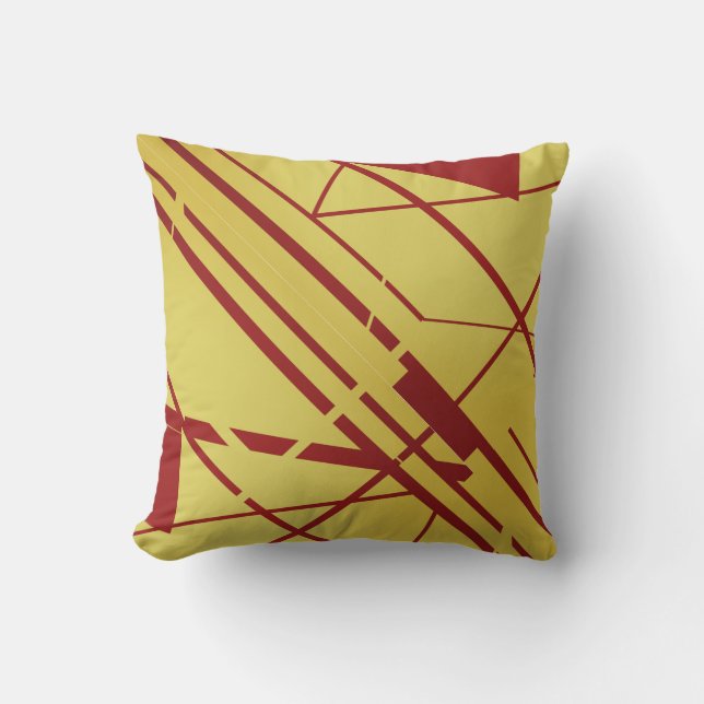 Dark Red Shapes Lines on Yellow Flowing Motif Cushion (Front)