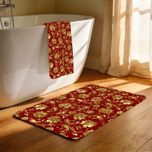 Dark-red & Shiny Gold Damask Pattern Bath Mat