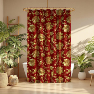 Dark-red & Shiny Gold Damask Pattern Shower Curtain