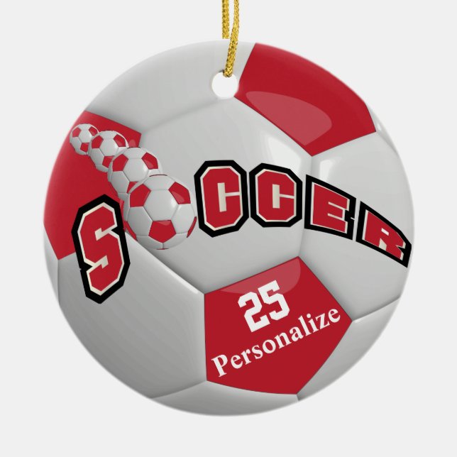 Dark Red Soccer Ball | Personalise Ceramic Tree Decoration (Front)