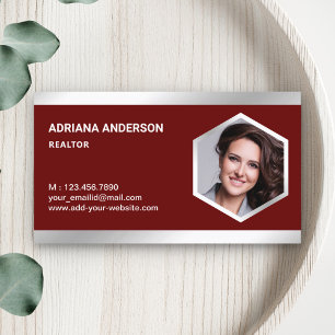 Dark Red Steel Silver Real Estate Photo Realtor Business Card
