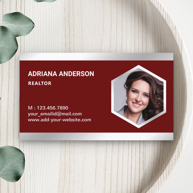 Dark Red Steel Silver Real Estate Photo Realtor Business Card (Creator Uploaded)