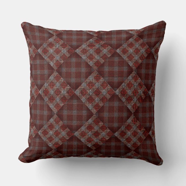 Dark red tartan plaid mosaic throw pillow (Front)