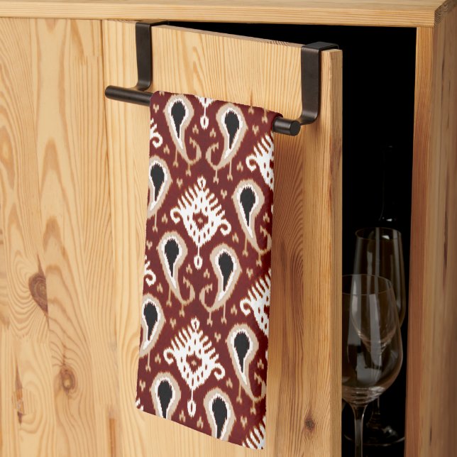 Dark Red Taupe Brown Ikat Tribal Pattern Tea Towel (Thirds Fold)