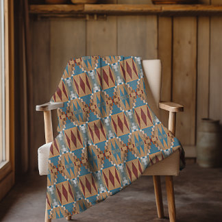 Dark Red Teal Blue Taupe Brown Tribal Mosaic Art Fleece Blanket