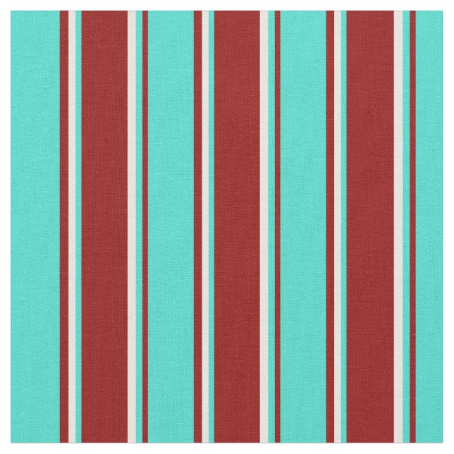 Dark Red, Turquoise, and Mint Cream Coloured Lines Fabric (Close Up)