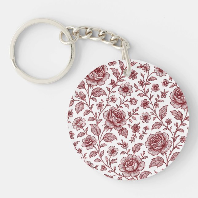 Dark Red Vintage Rose Pattern  Key Ring (Front)