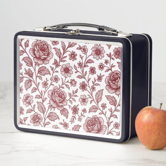 Dark Red Vintage Rose Pattern  Metal Lunch Box (In Situ)
