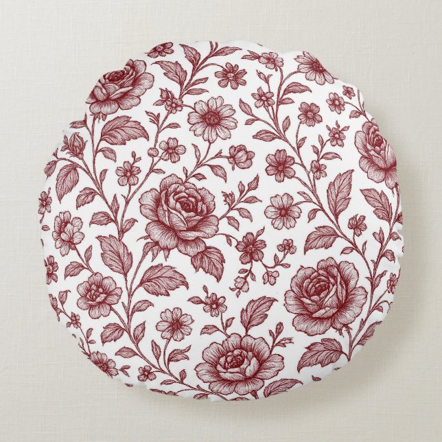 Dark Red Vintage Rose Pattern  Round Cushion (Front)