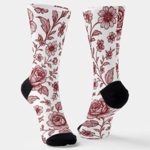 Dark Red Vintage Rose Pattern Socks