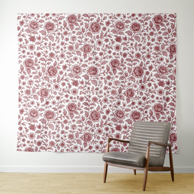 Dark Red Vintage Rose Pattern  Tapestry (In Situ (Horizontal))