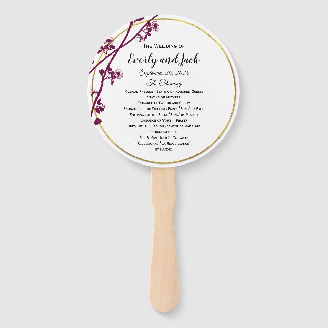 Dark Red Violet Purple Wildflower Wedding Program Hand Fan (Front)