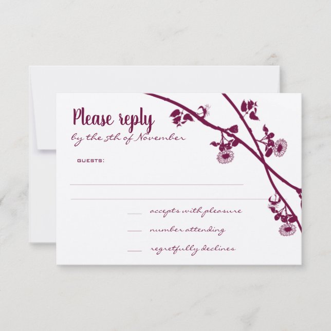 Dark Red Violet Purple Wildflower Wedding RSVP Card (Front)