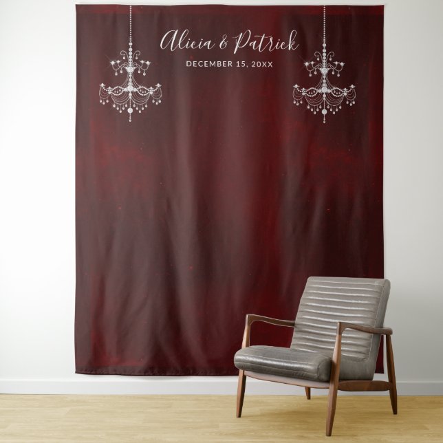Dark Red White Chandeliers Wedding Photo Backdrop Tapestry (In Situ)