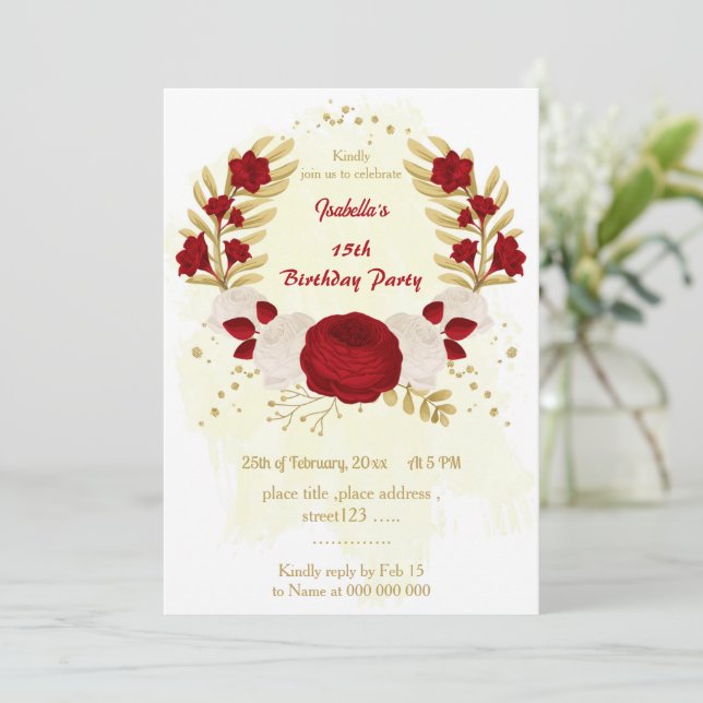 dark red & white flowers gold birthday party invitation (Standing Front)