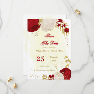 dark red & white flowers gold botanical save the date