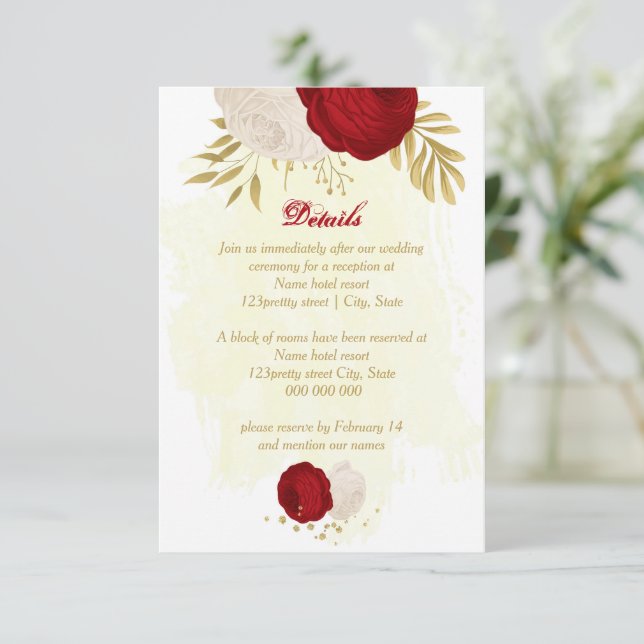 dark red & white flowers gold botanical wedding enclosure card (Standing Front)