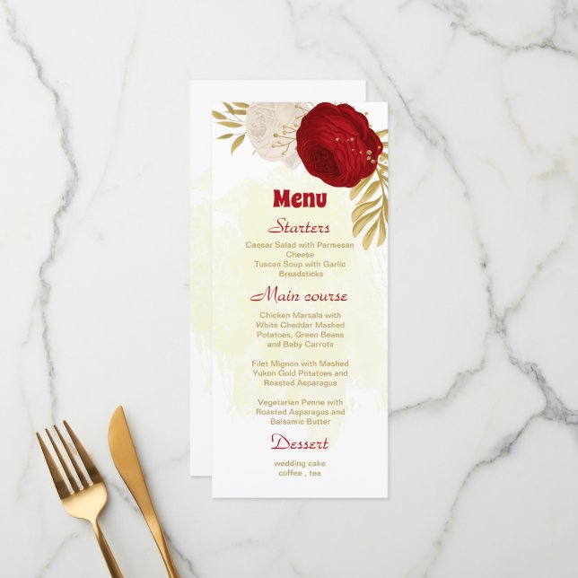 dark red & white flowers gold botanical wedding me menu (Front/Back In Situ)