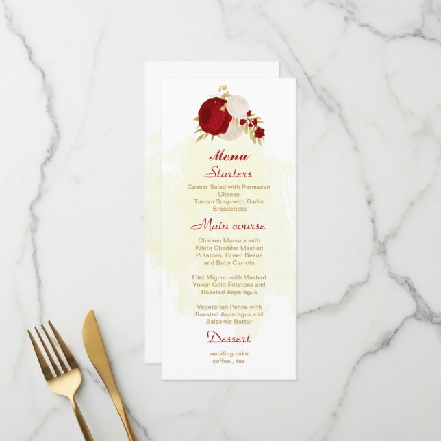 dark red & white flowers gold botanical wedding menu (Front/Back In Situ)