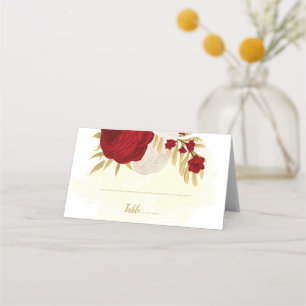 dark red & white flowers gold botanical wedding place card