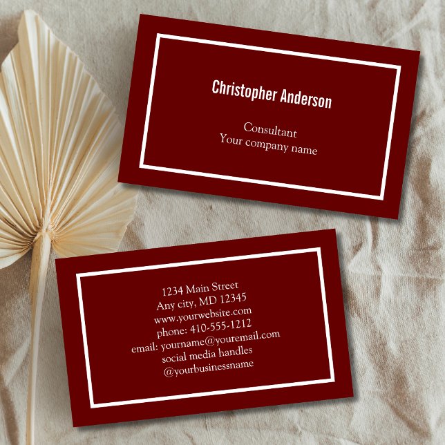 Dark Red White Minimal Professional Corporate  Business Card (Burgundy Dark Red and White Border Professional Business cards )