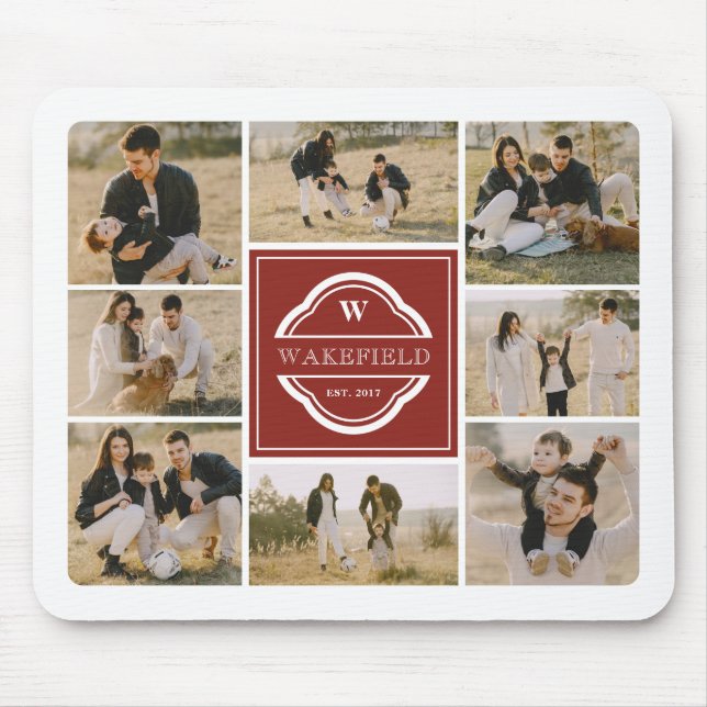 Dark Red White Monogram & Year Photo Collage Mouse Pad (Front)