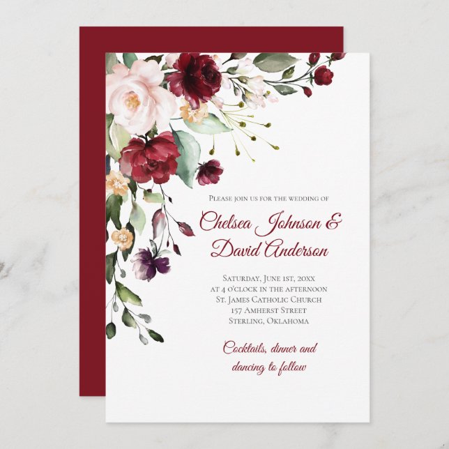 Dark Red Winter Floral Wedding Invitation (Front/Back)