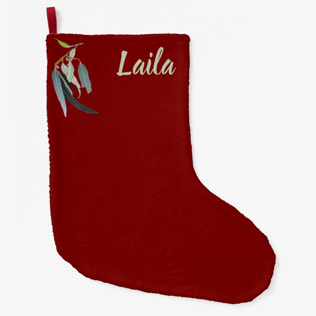 Dark Red with Watercolor Leaves Named  Large Christmas Stocking (Front)