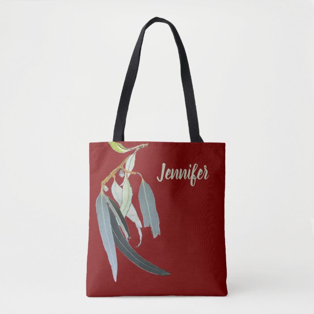 Dark Red with Watercolor Leaves Named  Tote Bag (Front)