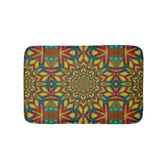 Dark Red Yellow Turquoise Geometric Pattern Ethnic Bath Mat (Front)